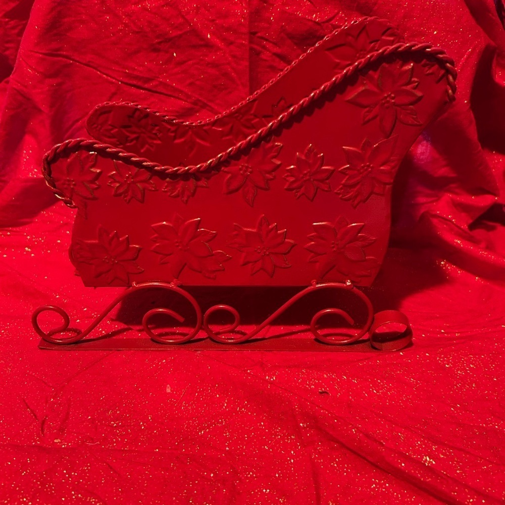 Vintage Elegant Red metal sled to add to your Christmas decorations - preloved